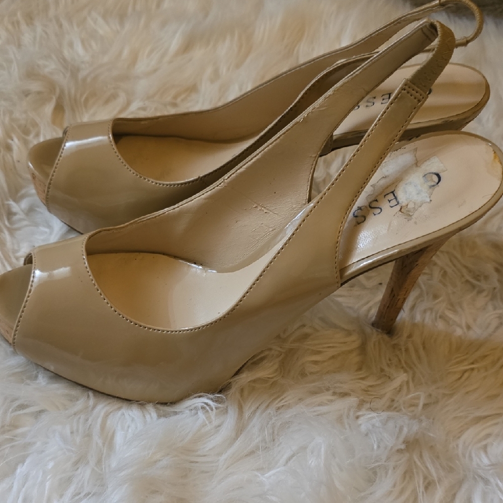 Guess Tan Slingback Peep-Toe Heels